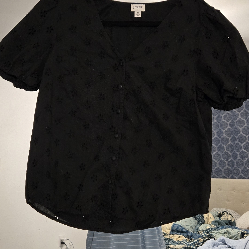 J. Crew Black Eyelet Button-Front Puff Sleeve Blouse